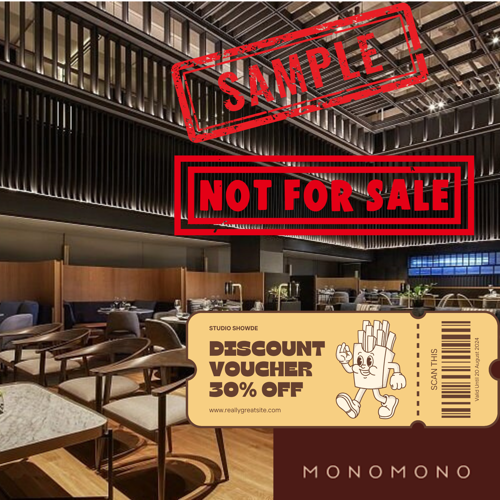 Sample Voucher Monomono Resto by GAIA Hotel valid for Rp 500.000, get extra discount 30+30% with minimum 5 qty order.